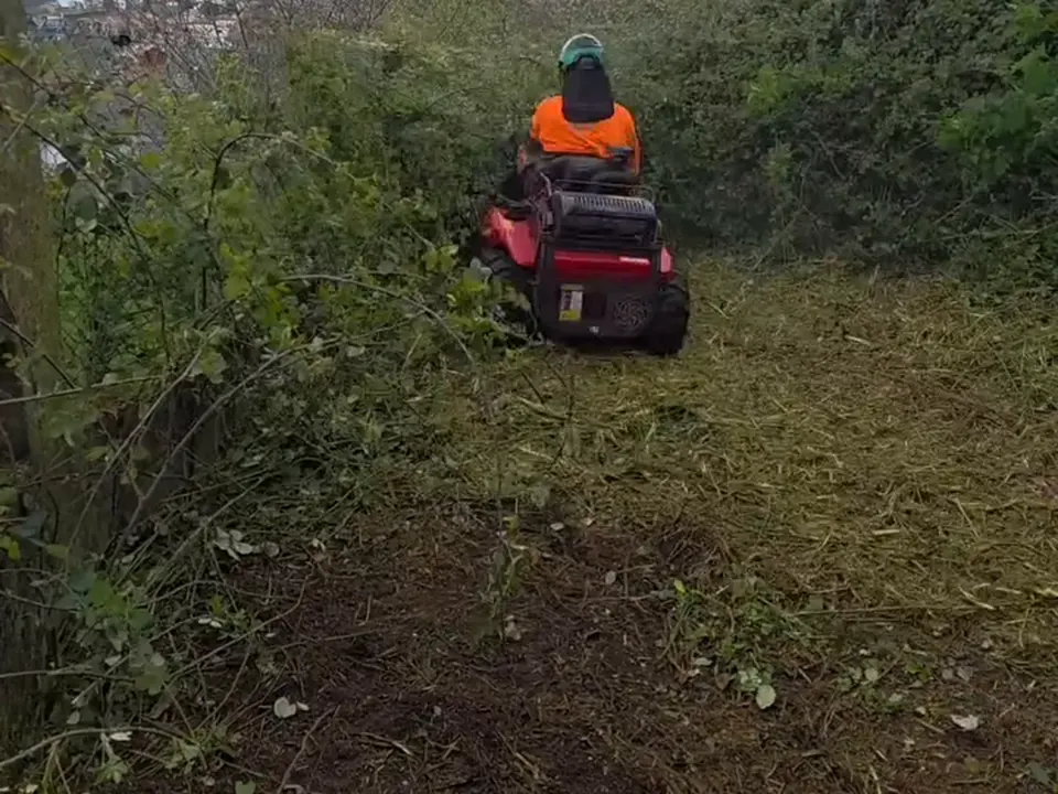 Autoportante trabajando en una finca con mucha maleza