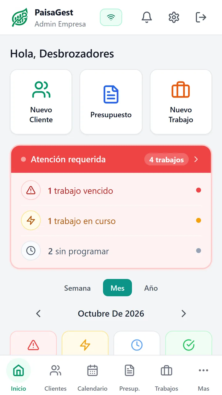 Pantalla de inicio con accesos rápidos y avisos de trabajos que requieren atención