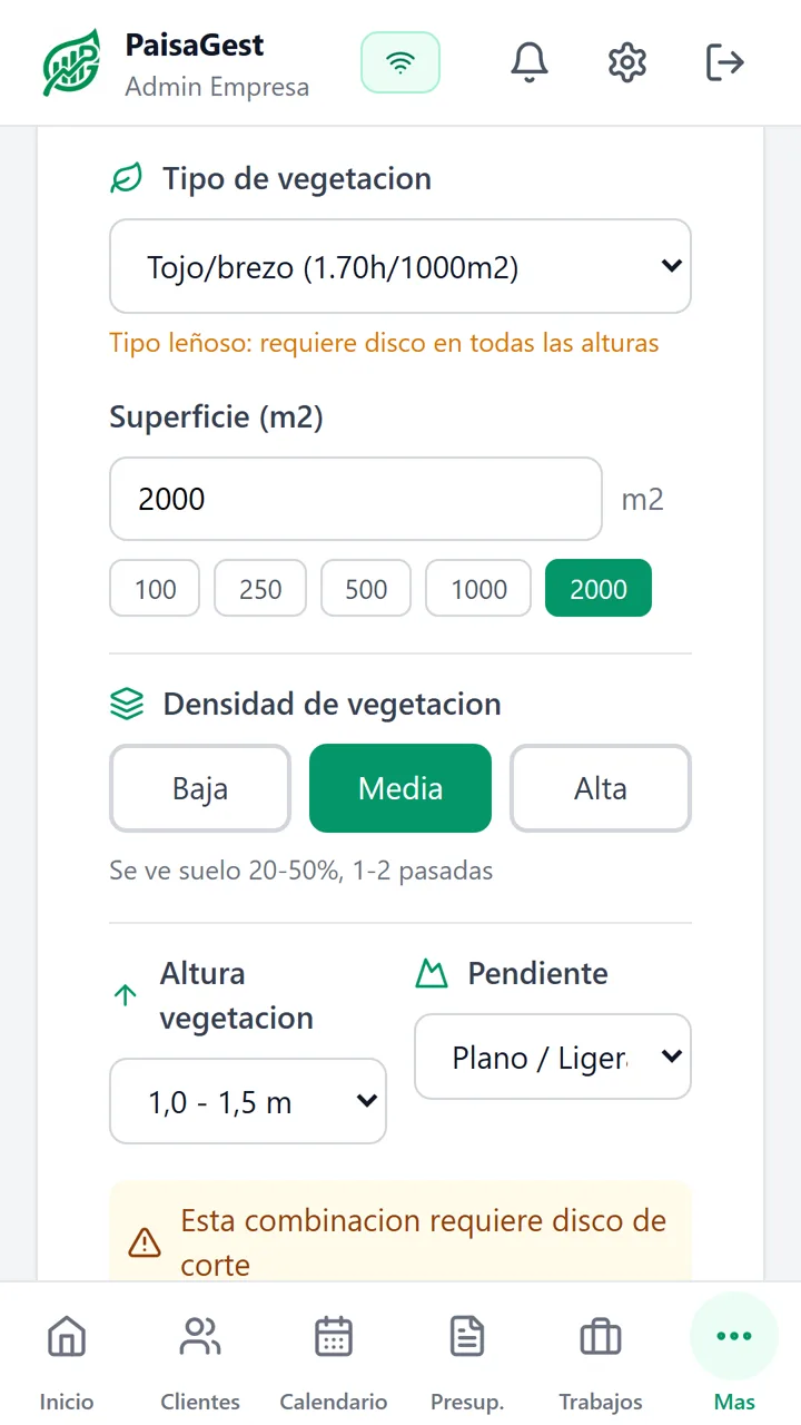 Estimador con tojo o brezo, 2.000 m², densidad media, altura de 1 a 1,5 m y pendiente plana