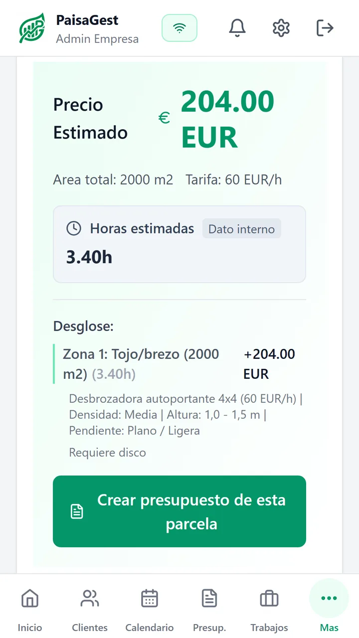 Estimador: 2.000 m² de tojo con desbrozadora autoportante, 3,40 horas y 204 euros