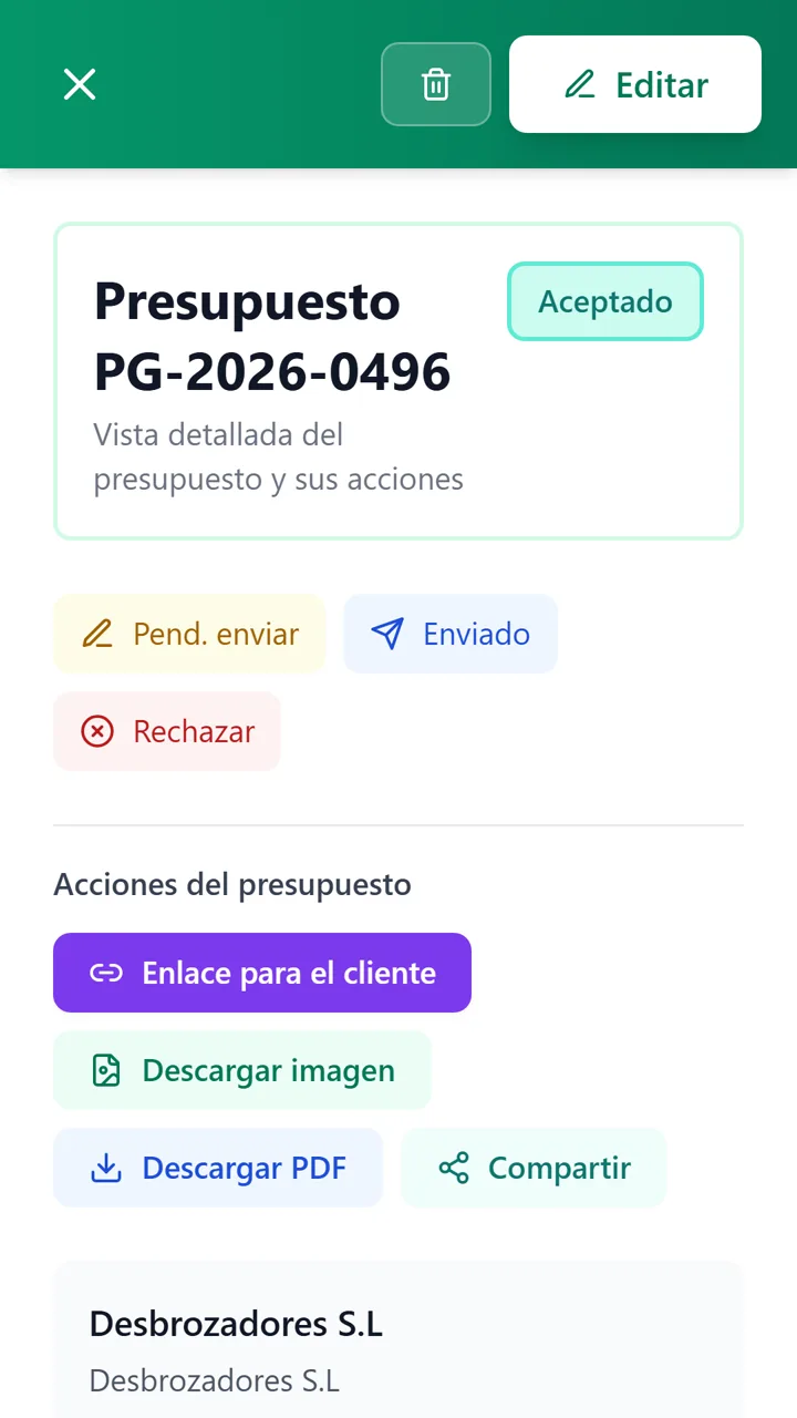 Presupuesto PG-2026-0496 con los botones para enviar el enlace al cliente, descargar el PDF o compartir