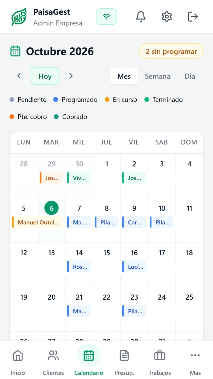 Calendario de octubre con los trabajos de cada día