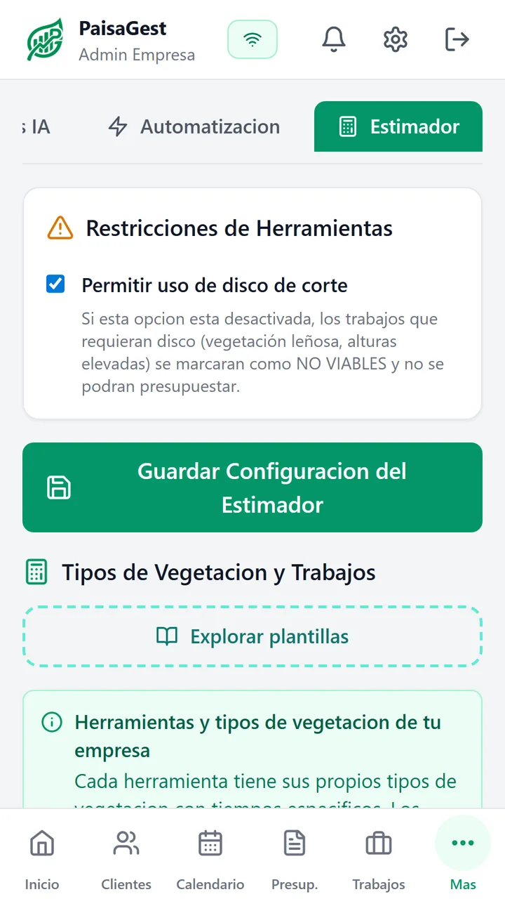 Ajustes del estimador: restricciones de herramientas y plantillas