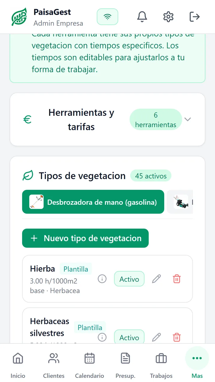 Ajustes del estimador: herramientas, tarifas y tipos de vegetación con su tiempo por cada 1.000 m²