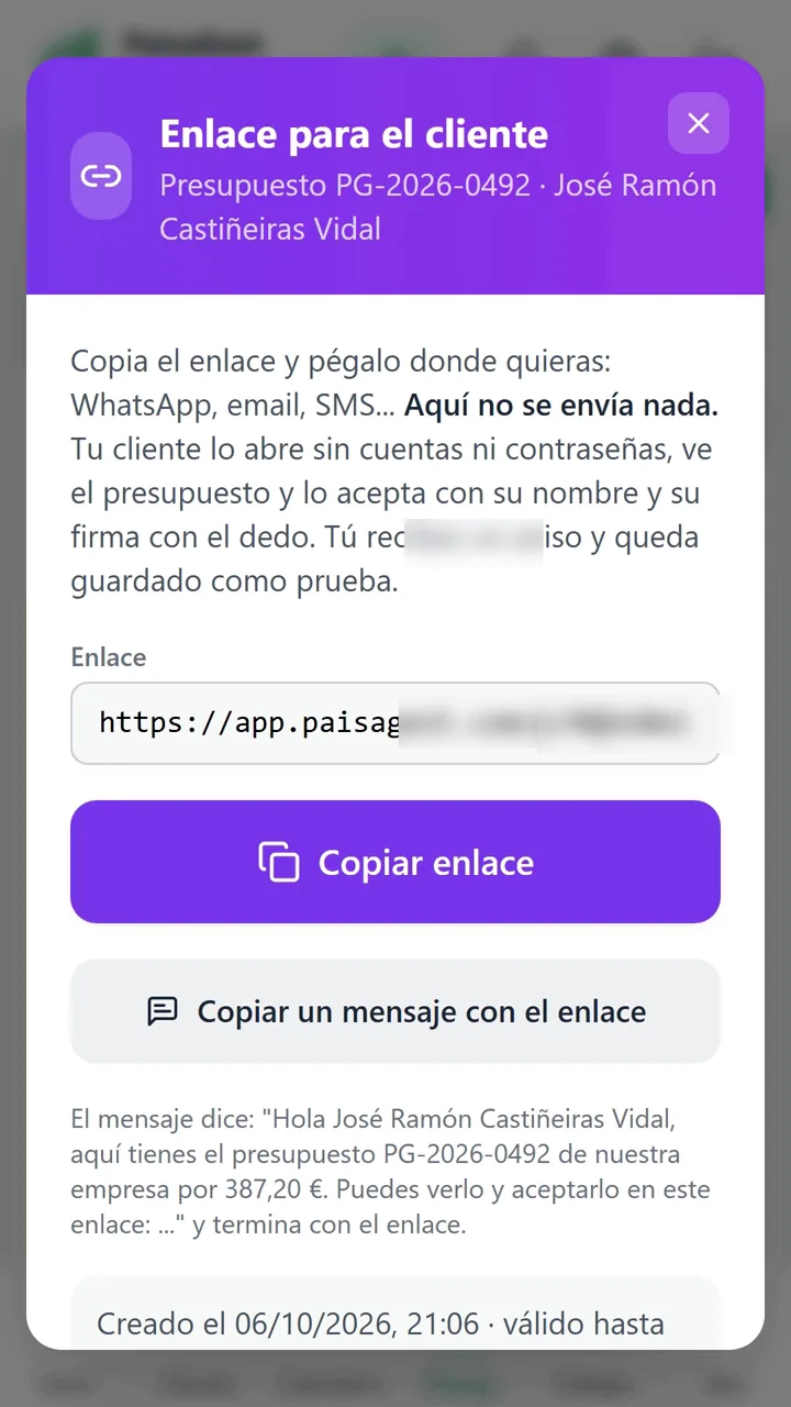 Ventana Enlace para el cliente con los botones Copiar enlace y Copiar un mensaje con el enlace