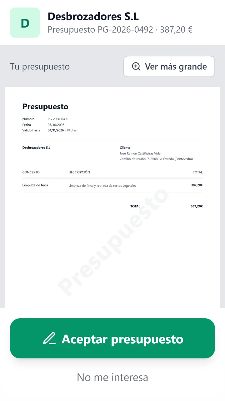 El cliente ve el presupuesto en su móvil con el botón Aceptar presupuesto