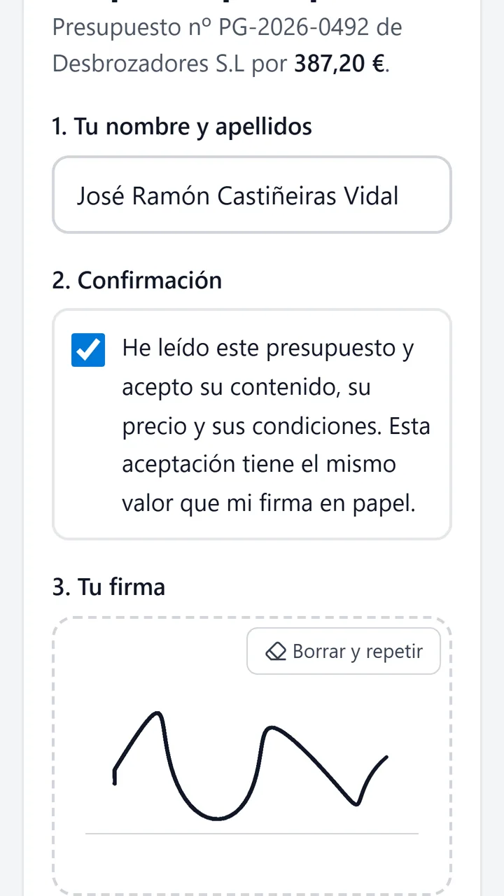 El cliente acepta el presupuesto escribiendo su nombre y firmando con el dedo